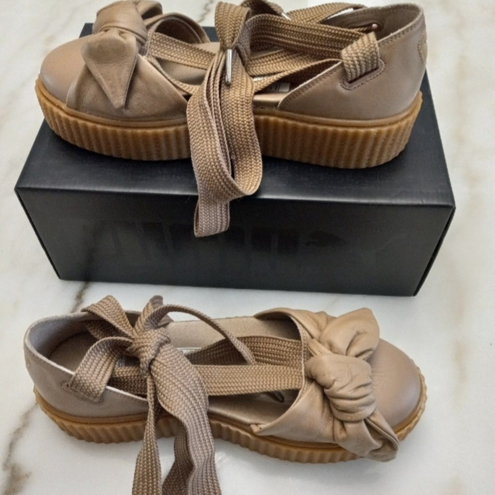 Puma Tan Platform Sneakers with Bow